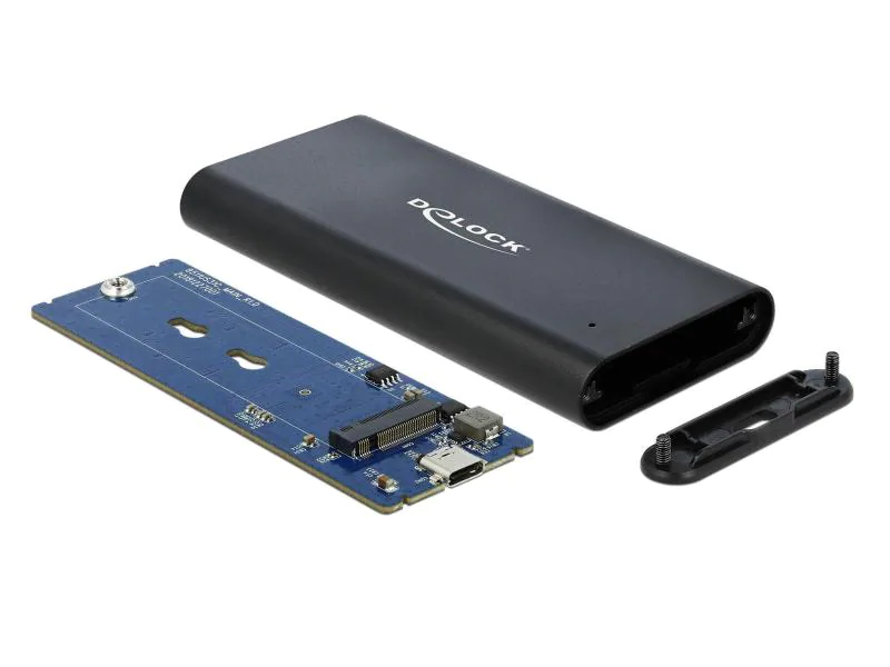 Delock Externes Gehäuse USB3.1 Typ-C - NVME SSD M.2, Widerstandsfähigkeit: Staubgeschützt, Anzahl Laufwerkschächte: 1 ×, Stromversorgung: USB, Farbe: Schwarz, Schnittstellen: M.2 Key M, Material: Metall, Speicherschnittstelle: M.2, Laufwerk Formfakto