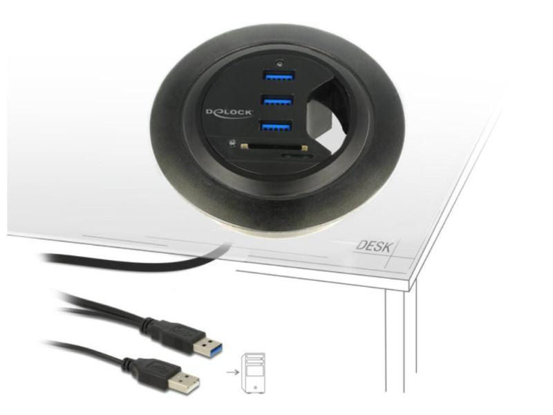 Delock Tisch-Hub USB 3.0 + SD Card Reader, Stromversorgung: USB, Anzahl Ports: 3, Farbe: Schwarz, USB Standard: 3.0/3.1 Gen 1 (5 Gbps), Chipsatz: VL813, GL3233, Kabellänge: ca. 95 cm, Plug & Play