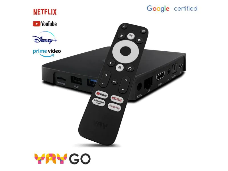 VU+ YAY GO, Speichererweiterungs-Typ: Kein, Max. Auflösung: 3840 x 2160 (Ultra HD 4K), Schnittstellen: HDMI, RJ-45 (LAN), Toslink, USB, USB Typ C, 3,5 mm Klinke, Bluetooth, LAN: Ja, Bluetooth: Ja, WLAN: Nein