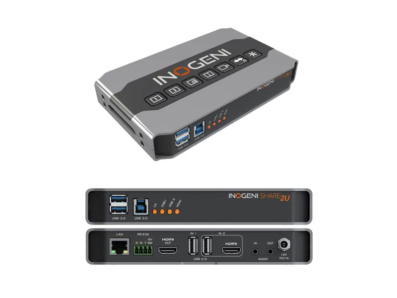 Inogeni Kamera Mixer SHARE2U USB/HDMI ? USB 3.0, Stromversorgung: 12 V, Max. Auflösung: 1920 x 1080 (Full HD), Anzahl Eingänge: 2 ×, Anzahl Ausgänge: 1 ×, Eingänge: 3.5 mm Klinke, HDMI, USB-A, Ausgänge: HDMI, 3.5 mm Klinke, USB-B