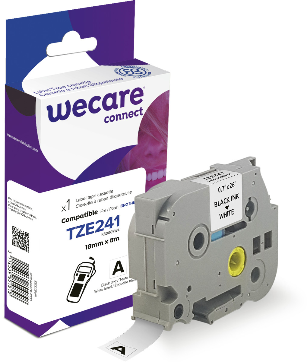 WECARE Band, laminiert schwarz/weiss TZe-241WE ersetzt Ptouch TZe-241 18mm