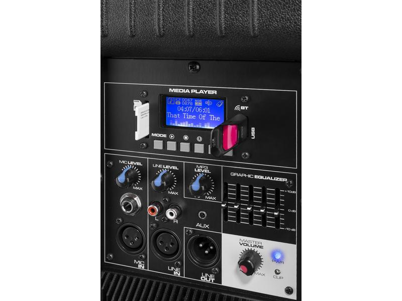 Vonyx Lautsprecher AP215ABT, Lautsprecher Kategorie: Aktiv, Gehäusematerial: ABS, Bauweise: Topteil / Fullrangebox, Eigenschaften: Hochständerflansch, Integrierter MP3 Player, Mikrofoneingang, Bluetooth Audio Streaming, Rollen, Bestückung: 2x 15"