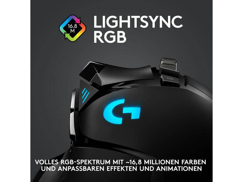 Logitech Gaming-Maus G502 Lightspeed Wireless, Maus Features: Daumentaste; Scrollrad; RGB-Beleuchtung; Herausnehmbare Gewichte; Hyperschnelles Scrollen; Programmierbare Tasten, Bedienungsseite: Rechtshänder, Farbe: Schwarz, Gewicht: 114 g, Anzahl Tasten: