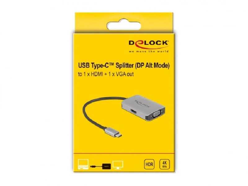 Delock 2-Port Signalsplitter USB Typ-C to HDMI/VGA, Anzahl Ports: 2, Schnittstellen: VGA, HDMI, USB Typ C, Signalverstärkung: Passiv