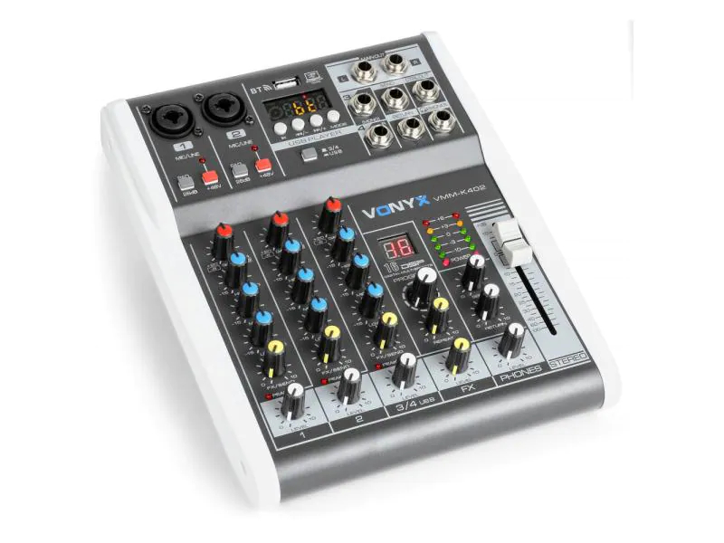 Vonyx Mischpult VMM-K402, Bauform: Pultform, Stereoeingänge: 1, Digitale Schnittstelle: USB, Mic-/Linekanäle: 2, Auxwege: 1, Powermixer: Nein