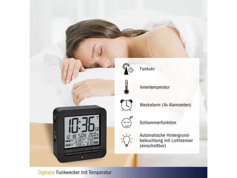 TFA Dostmann Digitalwecker mit Temperaturanzeige Schwarz, Funktionen: Alarm, Snooze-Funktion, Ausstattung: Wochentag, Hintergrundbeleuchtung, Datum, Displaytyp: Digital, Farbe: Schwarz, Funksignal: Ja, Anzahl Zeitzonen: 1 ×