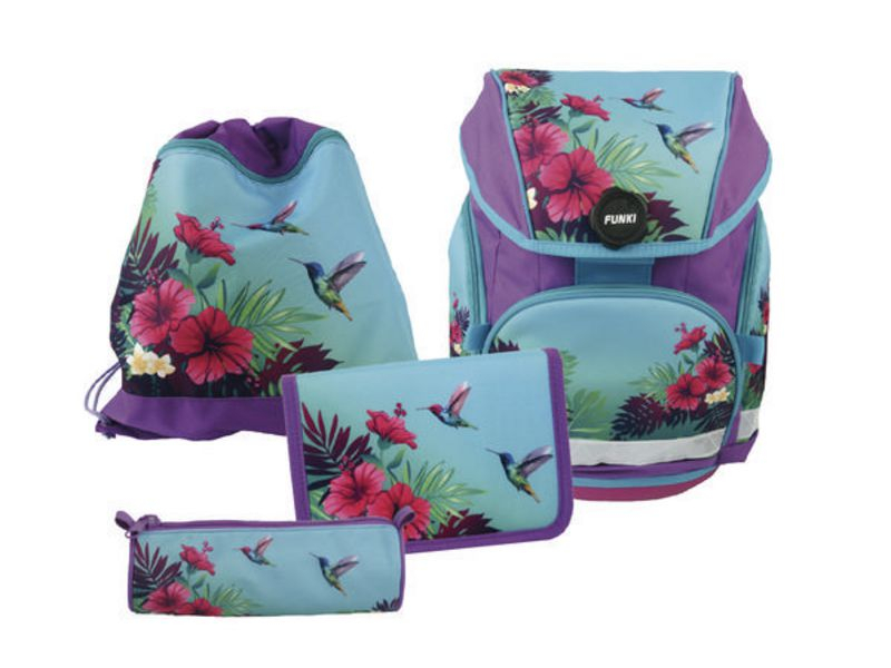 Funki Schulthek Set Joy Tropical, Altersempfehlung ab: 6 Jahren, Farbe: Lila; Hellblau; Pink, Gewicht: 860 g, Volumen: 15 l, Motiv: Blume; Vogel, Reflektoren, Ergonomie: Rückenpolster; Gepolsterte Schultergurte; Höhenverstellbarer Brustgurt, Inhalt: Sch