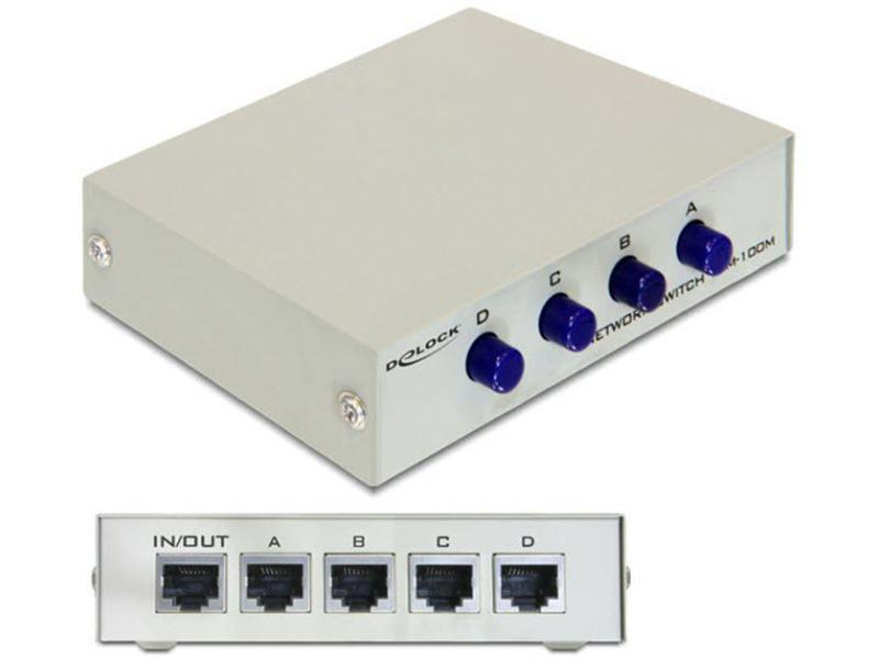 Delock LAN-Switchbox RJ-45 4 Port, 100Mbps, Bedienungsart: Tasten, Anzahl Eingänge: 4 ×, Steckertyp Seite A: RJ45, Anzahl Ausgänge: 1 ×, Steckertyp Seite B: RJ45