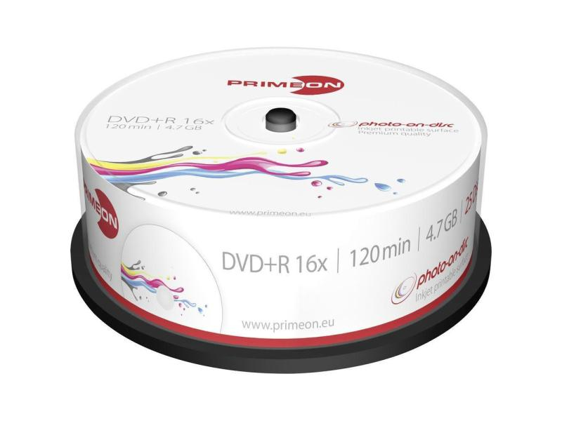 Primeon DVD+R Medien 4.7 GB 25er Spindel Medientyp: DVD+R, Speicherkapazität: 4.7 GB, Medien Eigenschaften: Bedruckbar, Verpackungseinheit: 25 Stück, Verpackungsart: Spindel