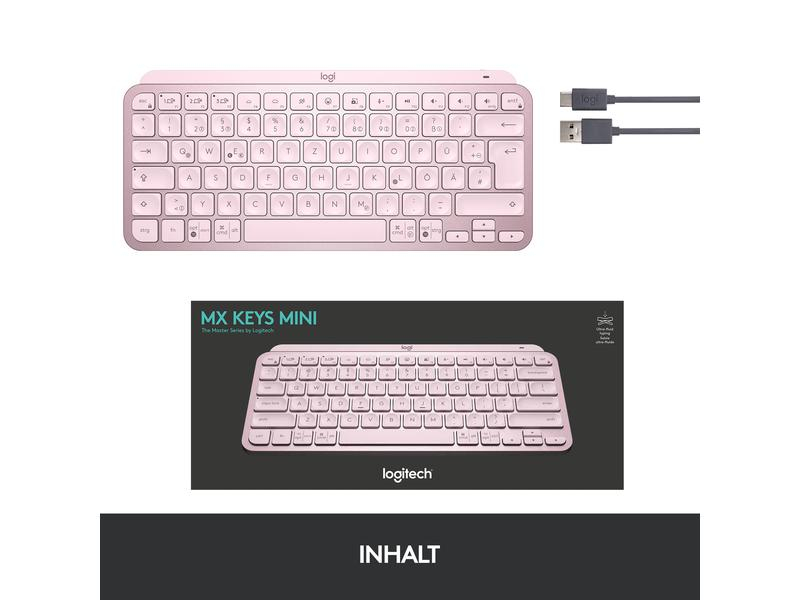 Logitech MX Keys Mini Rose CH-Layout, Tastatur Typ: Business, Mini, Tastaturlayout: QWERTZ (CH), Tastatur Features: Beleuchtung, Easy Switch, Medientasten, Hotkeys, Keyboard Tasten: Chiclet (Notebook), Detailfarbe: Rosa, Verbindungsart: Kabellos