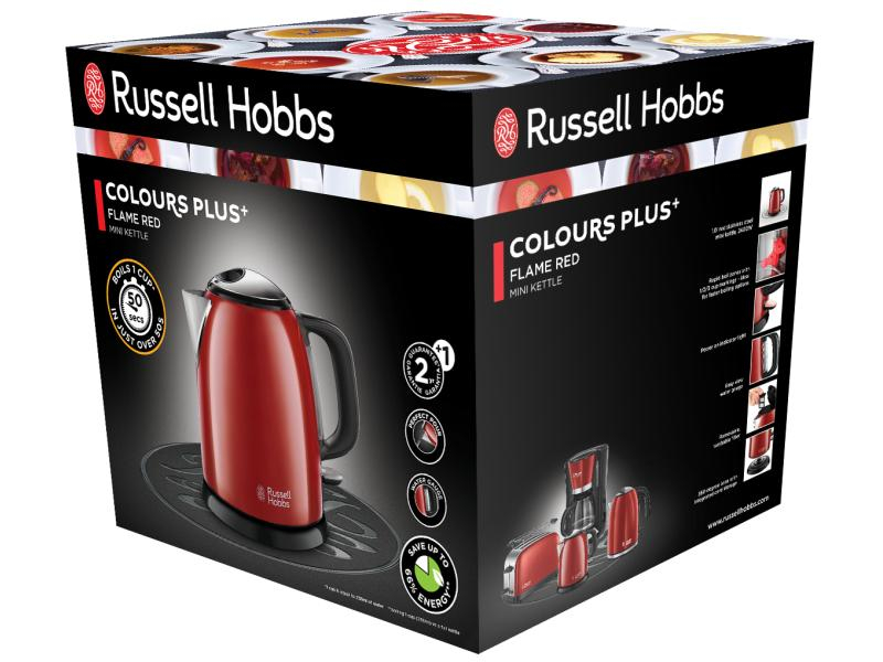 Russell Hobbs Wasserkocher 24992-70 Colours Plus 1 l, Rot, Farbe: Rot, Leistungsaufnahme Betrieb: 2400 W, Material: Edelstahl; Kunststoff, Füllmenge: 1 l, Ausstattung: 360 Grad Sockel; Kontrolleuchten; Deckelverriegelung; Wasserstandsanzeige; Kalkfilter;