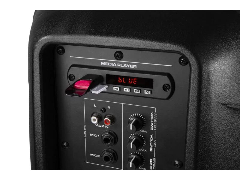 Vonyx PA-System VPS082A, Nennleistung: 400 W, Gehäusematerial: Kunststoff, Prinzip: Aktiv, Einsatzgebiete: Home-Party /-Disco, Gastro / Gewerbe, Ausstattung: Bluetooth Audio Streaming, USB Audio Streaming, Fernbedienbar, Abnehmbares Mikrofon, Anwendungsb