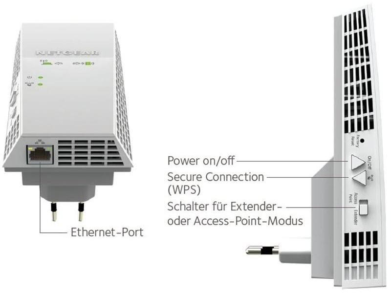 Netgear WLAN-Mesh-Repeater EX6250, Abmessungen: 161 mm (B) x 44.5 mm (H) x 81.4 mm (T), Antennenanschluss: Antennen Intern vor verbaut, Breite: 161 mm, Frequenzband: 2.4 GHz, 5 GHz, Höhe: 44.5 mm, Montage: Steckdose