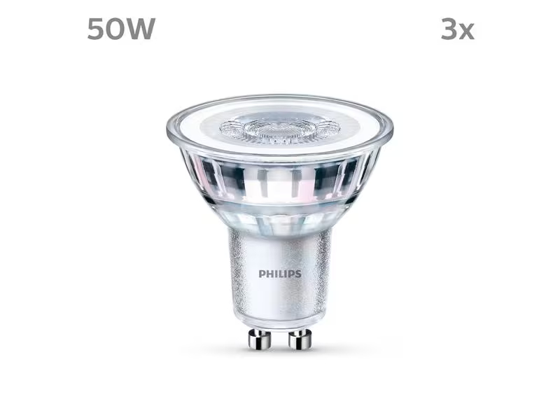 Philips Lampe (50W), 4.6W, GU10, Warmweiss, 3 Stück, Energieeffizienzklasse EnEV 2020: F, Lampensockel: GU10, Gesamtleistung: 4.6 W, Dimmbar: nicht dimmbar, Zusätzliche Ausstattung: Keine, Glühbirne Äquivalent: 50 W