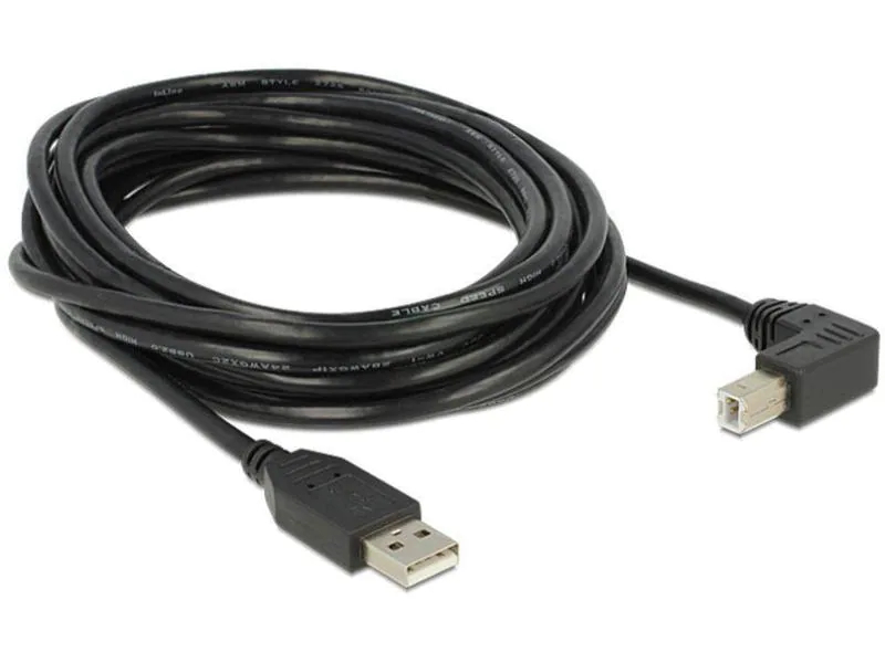 DeLock USB2.0 Kabel, A - B, 5m, SW, gew., Typ: Anschlusskabel, Steckertyp Seite A: USB-A Stecker, Farbe: Schwarz, Steckertyp Seite B: USB-B Stecker, USB Standard: 2.0, Winkelstecker: Einseitig gewinkelt, Länge: 5 m, Besondere Eigenschaften: Keine