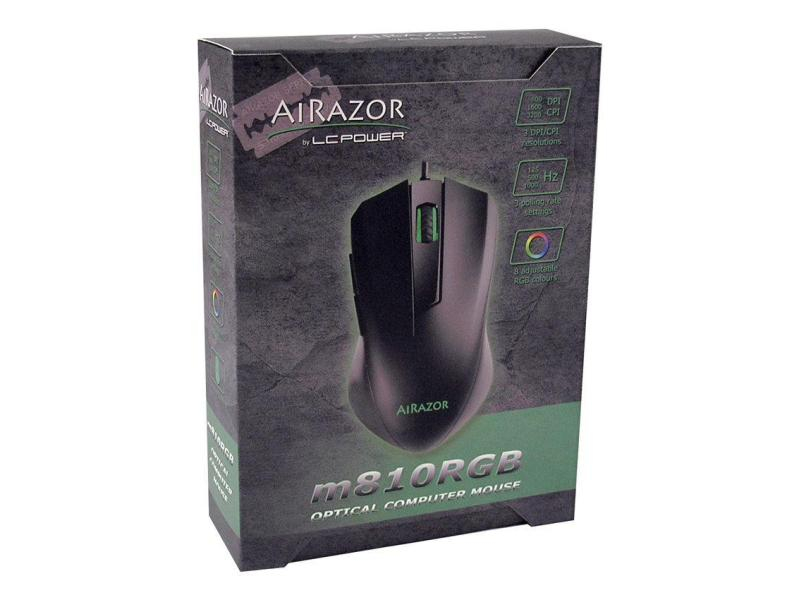 LC-Power Gaming-Maus AiRazor m810RGB, Maus Features: Daumentaste; Beleuchtung; Griffige Seitenflächen; Programmierbare DPI-Einstellung, Bedienungsseite: Rechtshänder, Farbe: Schwarz, Gewicht: 134 g, Anzahl Tasten: 5 ×, Schnittstelle: USB, Verbindungsar