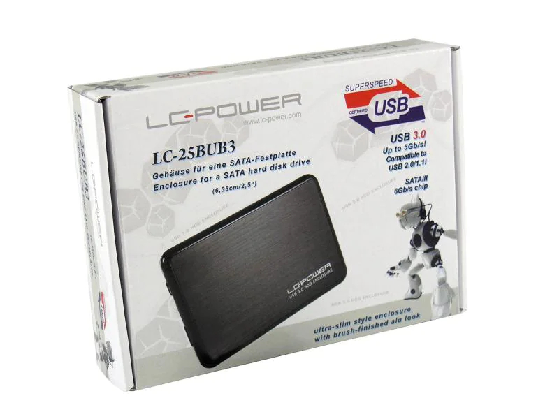 LC-Power Externes Gehäuse LC-25BUB3 2,5", Widerstandsfähigkeit: Keine, Anzahl Laufwerkschächte: 1 ×, Stromversorgung: USB, Farbe: Schwarz; Silber, Schnittstellen: USB 3.0, Material: Aluminium; Kunststoff, Speicherschnittstelle: SATA III (6Gb/s), Laufw