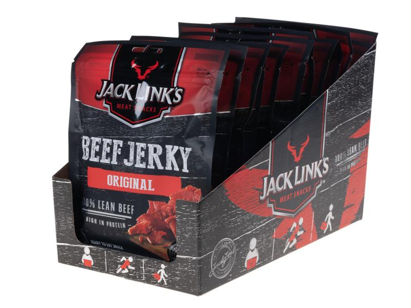Jack Link's Fleischsnack Beef Jerky Original 12 x 70 g, Produkttyp: Jerky, Produktionsland: Brasilien, Allergikerinfo: Enthält Sojabohnen und daraus gewonnene Erzeugnisse, Enthält Glutenhaltige Getreide und daraus gewonnene Erzeugnisse, Packungsgrösse: