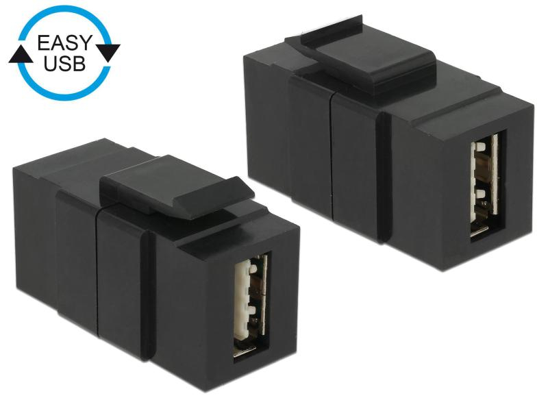 Delock Keystone-Modul USB2.0, A - A, easy Schwarz, Modultyp: Keystone, Anschluss Front: Buchse USB A, Anschluss Rück: Buchse USB A, Medientyp: USB, Schirmung: Ja, Farbe: Schwarz
