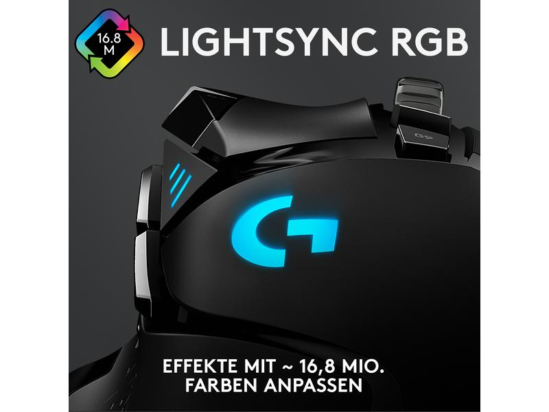 Logitech Gaming-Maus G502 HERO, Maus-Typ: Gaming, Bedienungsseite: Rechtshänder, Maus Features: Daumentaste; Scrollrad; Beleuchtung; Herausnehmbare Gewichte; Umschaltbare DPI-Auflösung, Farbe: Schwarz, Verbindungsart: Verkabelt, Schnittstelle: USB