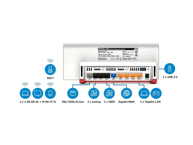 AVM VDSL-Router FRITZ!Box 7583 International, Anwendungsbereich: Small/Medium Business, Home, Basisanschluss: Analog (Annex A), Modemtyp: VDSL/VDSL2+, G.Fast, RJ-45 Anschlüsse: 4, RJ-45 Geschwindigkeit: 10/100/1000 Mbit/s, WAN Anschlüsse: 1