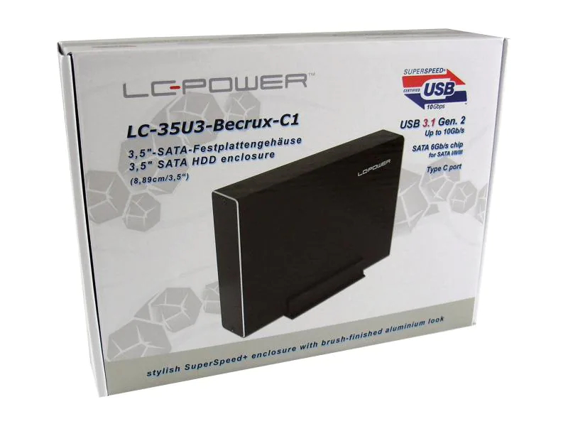 LC-Power Externes Gehäuse LC-35U3-Becrux-C1 3,5", Widerstandsfähigkeit: Keine, Anzahl Laufwerkschächte: 1 ×, Stromversorgung: USB, Farbe: Schwarz, Schnittstellen: USB 3.1, Material: Aluminium, Speicherschnittstelle: SATA, Laufwerk Formfaktor: 3,5"