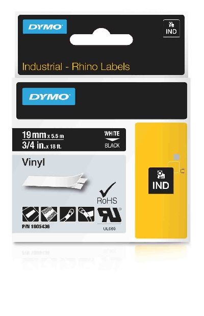 DYMO RHINO Vinyl-Schriftband weiß/schwarz, 19 mm x 5,5 m