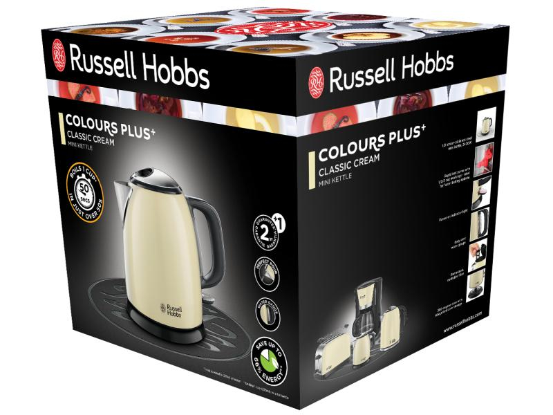 Russell Hobbs Wasserkocher 24994-70 Colours Plus 1 l, Crème, Farbe: Crème, Leistungsaufnahme Betrieb: 2400 W, Material: Edelstahl; Kunststoff, Füllmenge: 1 l, Ausstattung: 360 Grad Sockel; Kontrolleuchten; Deckelverriegelung; Wasserstandsanzeige; Kalkf