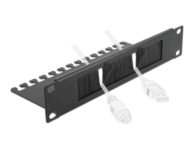 Delock Bürstenleiste mit Kabelabfangplatte, 1HE 10" Rack, Schwarz, Befestigung: 10" Rack, Detailfarbe: Schwarz