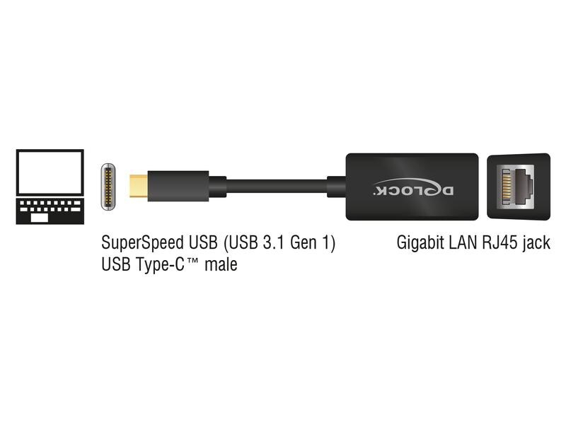 Delock Netzwerk-Adapter 1 Gbps USB Typ-C, Schnittstellen: RJ-45 (1000Mbps), Schnittstellengeschwindigkeit: 10/100/1000 Mbit/s, Formfaktor: Extern, Anschlussart: USB Typ-C, Anwendungsbereich: Small/Medium Business, Home