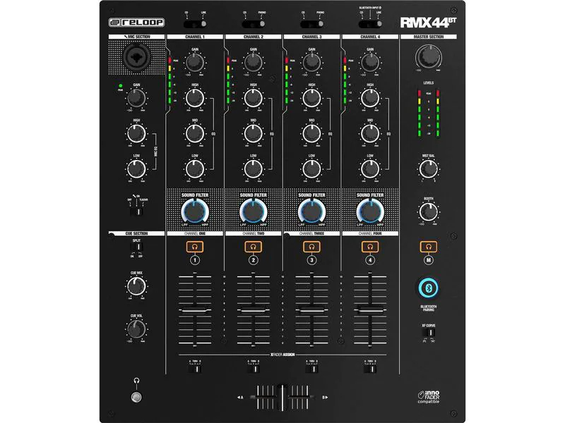 Reloop DJ-Mixer RMX-44BT 4-Kanal, Bauform: Clubmixer, Signalverarbeitung: Analog/Digital, Anzahl Kanäle: 4