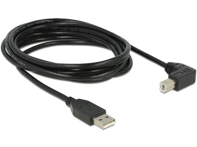 DeLock USB2.0 Kabel, A - B, 3m, SW, gew., Typ: Anschlusskabel, Steckertyp Seite A: USB-A Stecker, Farbe: Schwarz, Steckertyp Seite B: USB-B Stecker, USB Standard: 2.0, Winkelstecker: Einseitig gewinkelt, Länge: 3 m, Besondere Eigenschaften: Keine