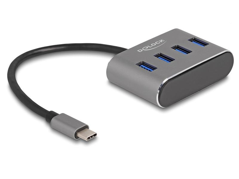Delock USB-Hub 4 x USB 3.0 Typ-A, Stromversorgung: USB, Anzahl Ports: 4, Detailfarbe: Schwarz, USB Standard: 3.0/3.1/3.2 Gen 1 (5 Gbps), USB Anschluss 2 (Endgerät): USB A, USB Anschluss 1 (Quelle): USB C