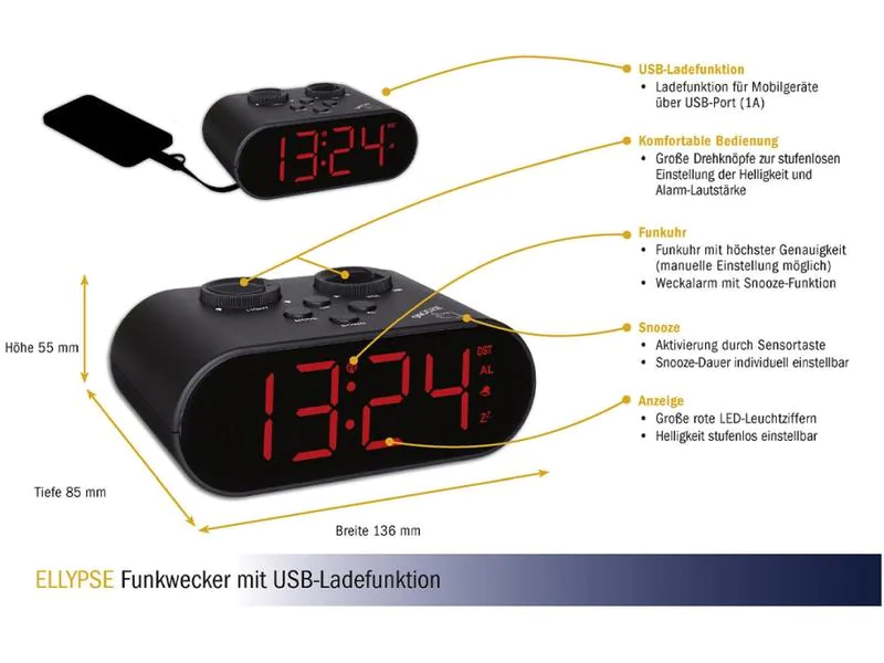 TFA Dostmann Funk-Wecker Ellypse Schwarz, Ausstattung: Keine, Funktionen: Alarm, Snooze-Funktion, Displaytyp: Digital, Farbe: Schwarz, Funksignal: Ja, Anzahl Zeitzonen: 1 ×