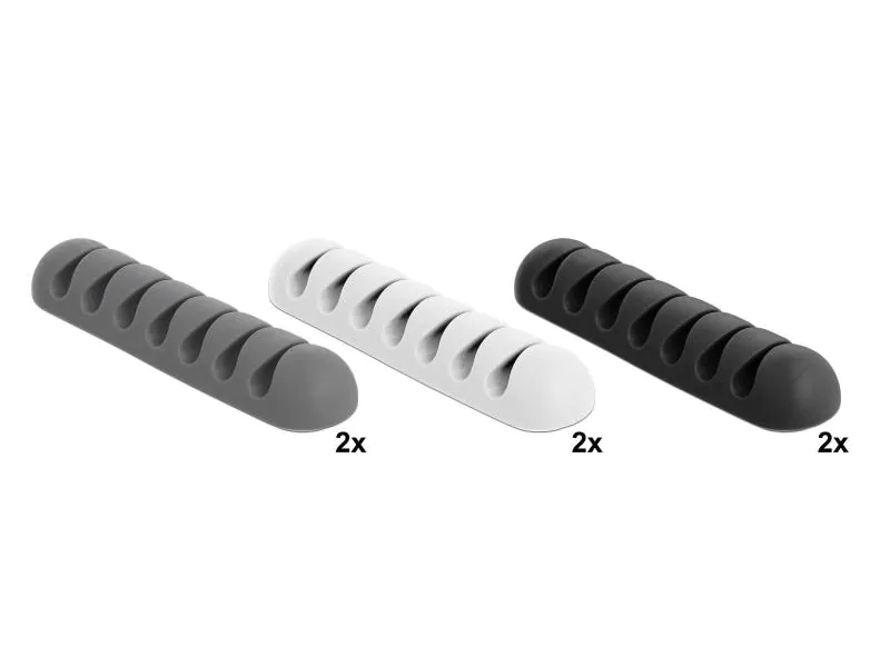 Delock Kabelhalter 4 mm, 3x2 Stück, weiss, grau, schwarz, 7 Durchf, Ausstattung Kabelmanagement: Selbstklebend, Set, Produkttyp: Kabel-Clip, Verpackungseinheit: 6 Stück, Material: TPR, Farbe: Schwarz, Weiss, Grau