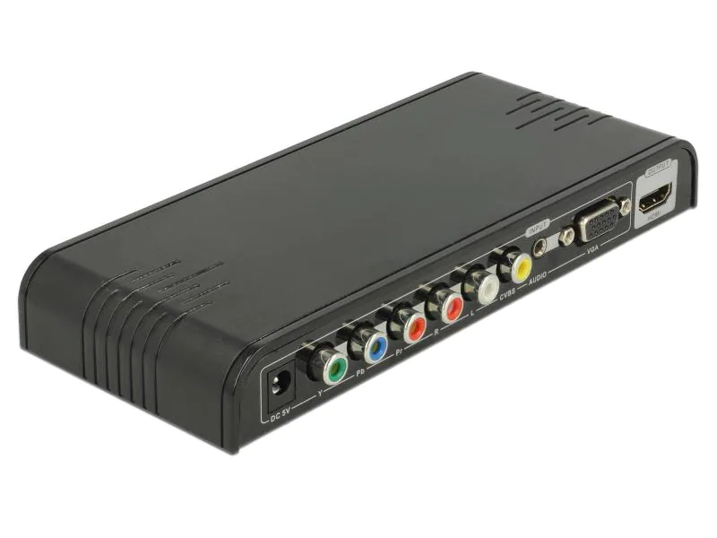 Delock Konverter CVBS/YPbPr /VGA - HDMI 9 Port, mit Scaler, Anzahl Eingänge: 9 ×, Anzahl Ausgänge: 1 ×, Anschluss Seite A: Audio, 3.5 mm Klinke, DC-Buchse, VGA, Cinch, Anschluss Seite B: HDMI