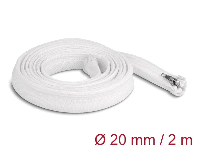 Delock Geflechtschlauch mit Reissverschluss 2 m x 20 mm Weiss, Detailfarbe: Weiss, Breite: 20 mm, Länge: 2 m, Produkttyp: Kabelschlauch, Ausstattung Kabelmanagement: Wiederverwendbar, Reissverschluss, Verpackungseinheit: 1 Stück