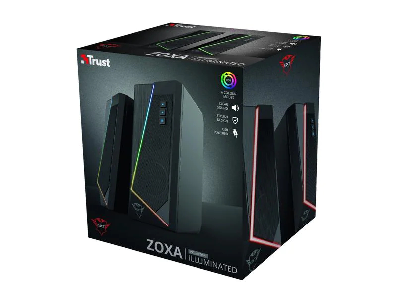 Trust PC-Lautsprecher GTX 609 Zoxa RGB-Illuminated, Audiokanäle: 2.0, Farbe: Schwarz, Schnittstellen: USB, Ausstattung: LED-Beleuchtung, Lautstärkeregler, 3,5 mm Klinke, Kapazität Wattstunden: 0 Wh