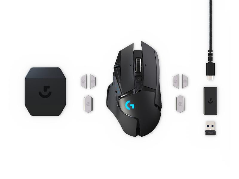 Logitech Gaming-Maus G502 Lightspeed Wireless, Maus Features: Daumentaste; Scrollrad; RGB-Beleuchtung; Herausnehmbare Gewichte; Hyperschnelles Scrollen; Programmierbare Tasten, Bedienungsseite: Rechtshänder, Farbe: Schwarz, Gewicht: 114 g, Anzahl Tasten: