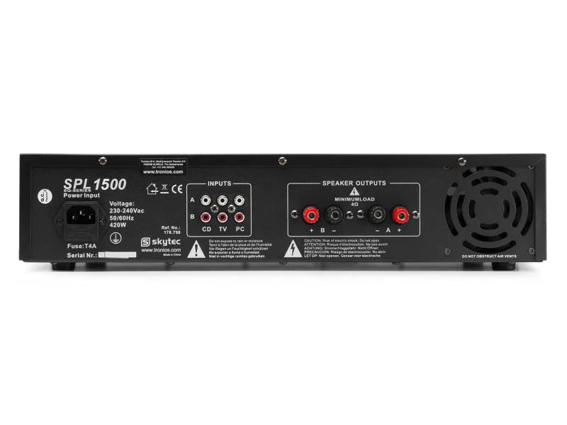 Skytec Endstufe SPL 1000, Signalverarbeitung: Analog, Impedanz: 4 ?, Endstufenklassen: Andere, Endstufentyp: 2-Kanal, Eigenschaften: Equalizer, Anwendungsbereich: DJ, Andere, Installation, Live / Bühne