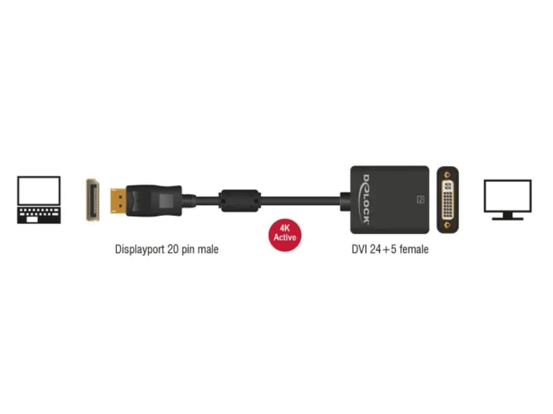 DeLock Adapterkabel DP - DVI-I, 4K Schwarz, Typ: Adapterkabel, Videoanschluss Seite A: DisplayPort, Videoanschluss Seite B: DVI-I, 0.2m