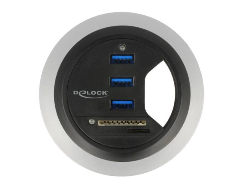 Delock Tisch-Hub USB 3.0 + SD Card Reader, Stromversorgung: USB, Anzahl Ports: 3, Farbe: Schwarz, USB Standard: 3.0/3.1 Gen 1 (5 Gbps), Chipsatz: VL813, GL3233, Kabellänge: ca. 95 cm, Plug & Play